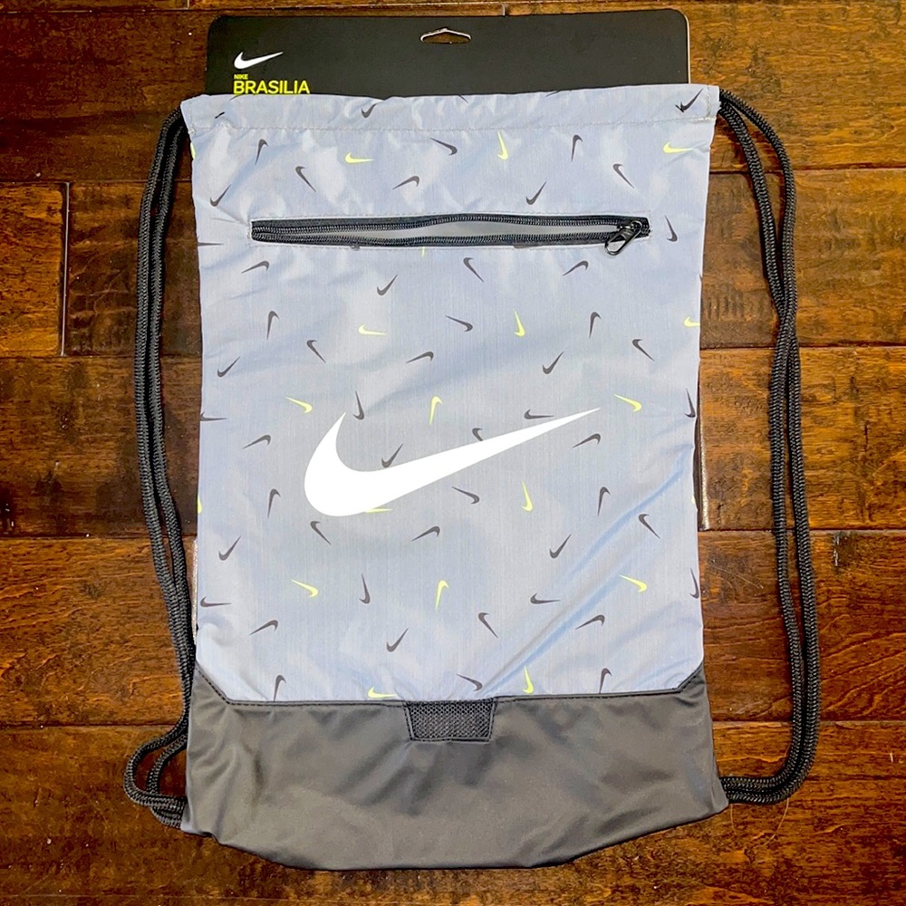 Nike Gray and Black Brasilia Drawstring Backpack with Yellow Accents